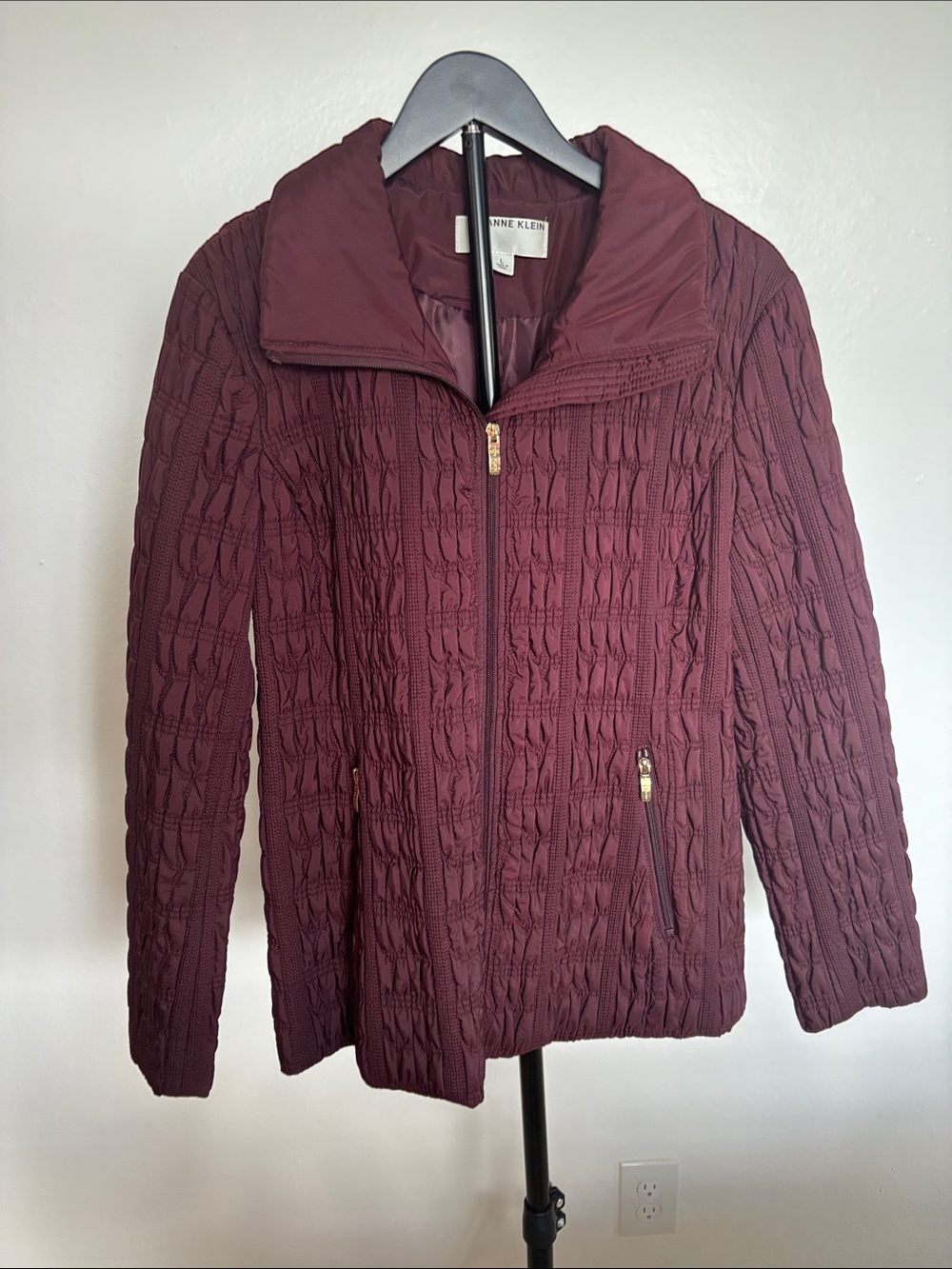 Anne Klein Burgundy Textured Quilted Puffer Jacket